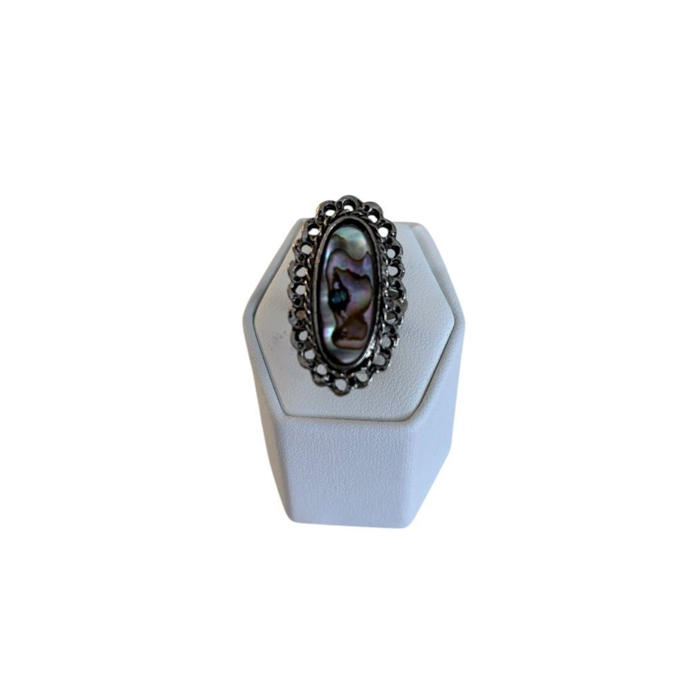 Vintage Oxidized Filigree Style Oval Abalone Ring.